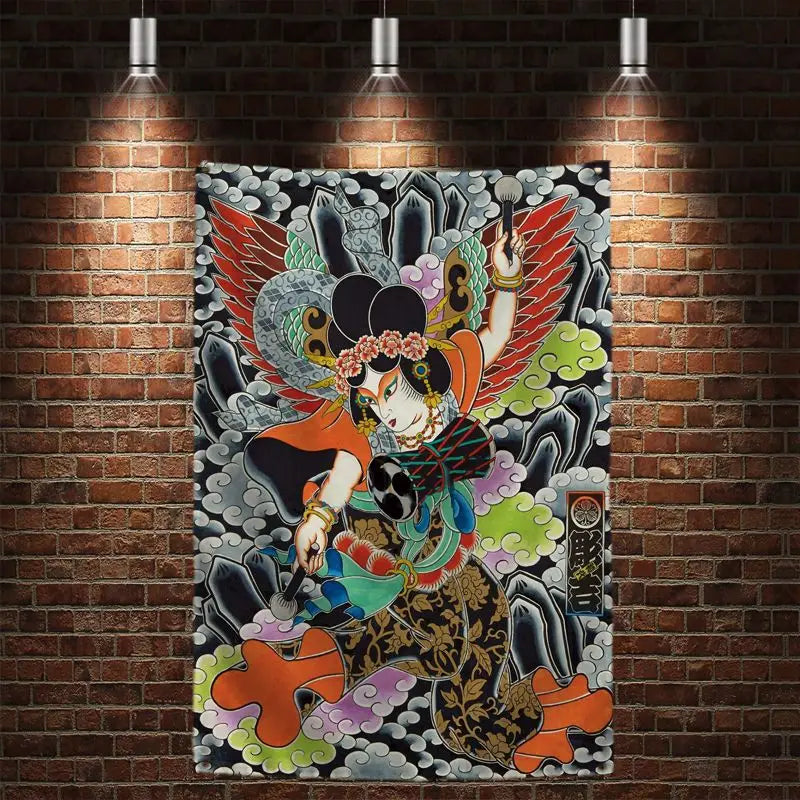 toile d'art japonais illustration floral animaux géométrique bleu noir blanc rouge vert or argent