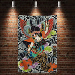 toile d'art japonais illustration floral animaux géométrique bleu noir blanc rouge vert or argent