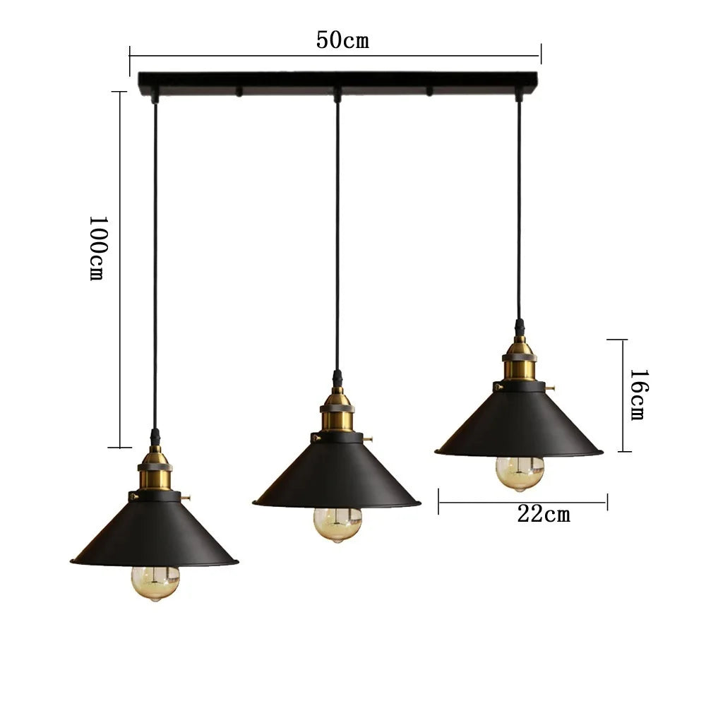 suspension lumineuse industrielle conique noire dorée ampoules câbles chambre salon