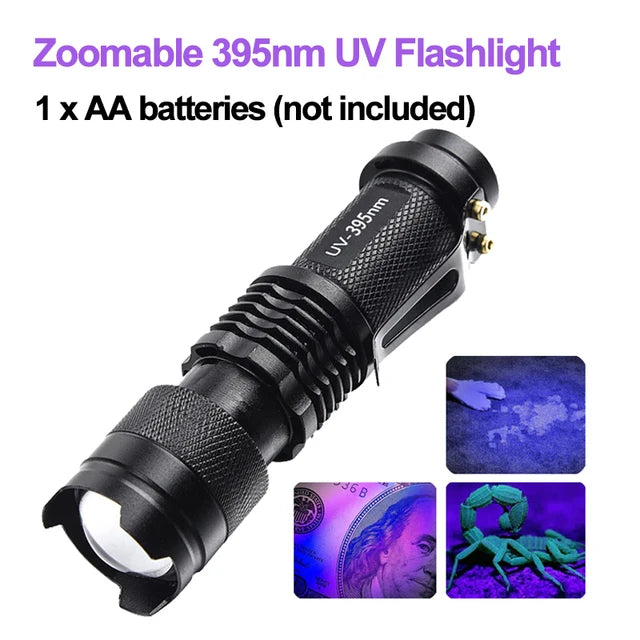 lampe torche uv portative 365nm 395nm zoomable étanche animaux scorpions billets fluorescence