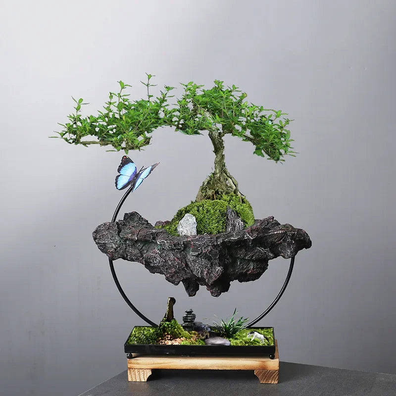 Bonsaï miniature artificiel feuilles vertes roche grise papillon bleu support métallique intérieur décoration vert