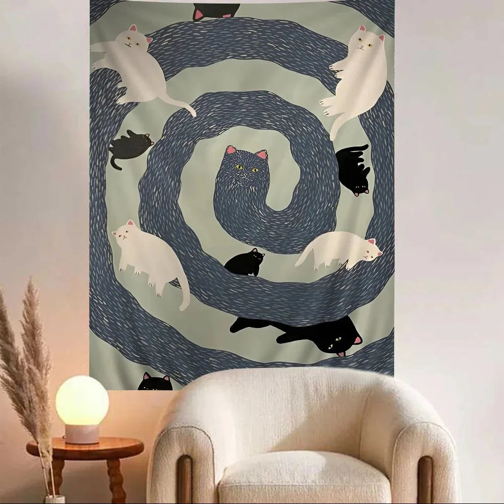 tapisserie murale décoration chambre salon chat mignon fleurs paysage vert moderne tissu polyester lavable