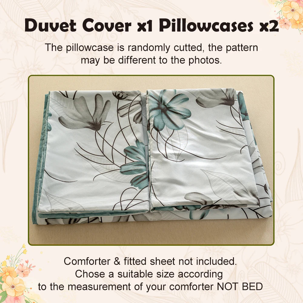 housses couette motif floral moderne blanc vert turquoise gris foncé abstraits lisses enveloppes corner