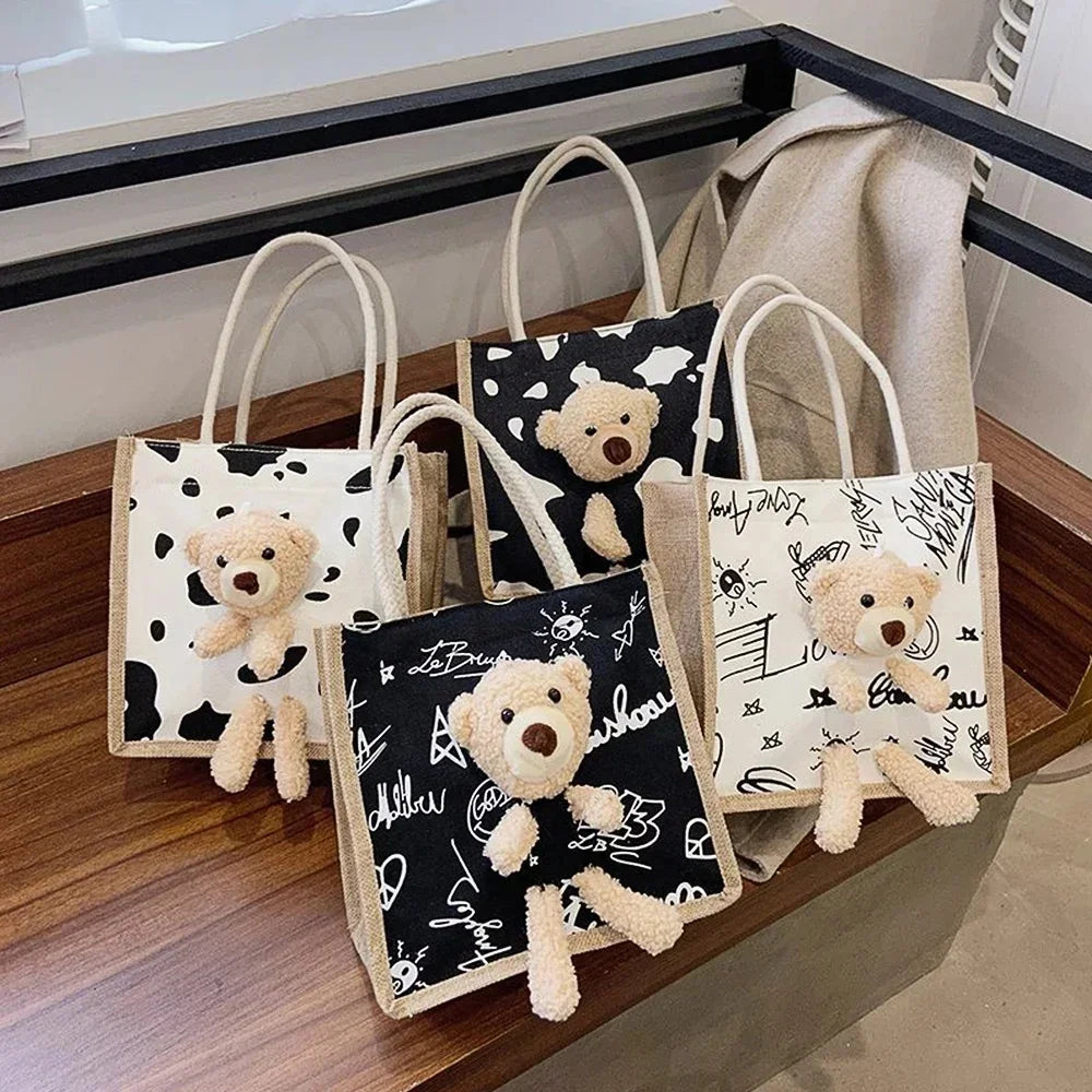 sac main toile vache motif moderne ours peluche poignées corde blanc noir tendance portable