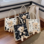 sac main toile vache motif moderne ours peluche poignées corde blanc noir tendance portable