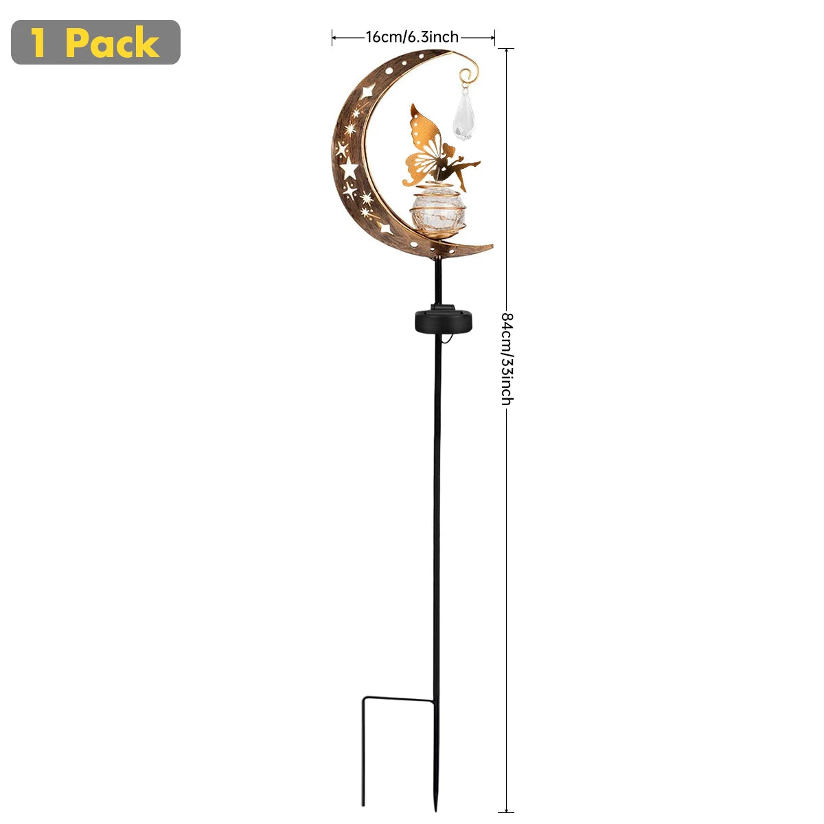 lampe solaire décorative artisanale moderne papillon étoiles cristal transparent verre opacité piquet métalliqueextérieur doré