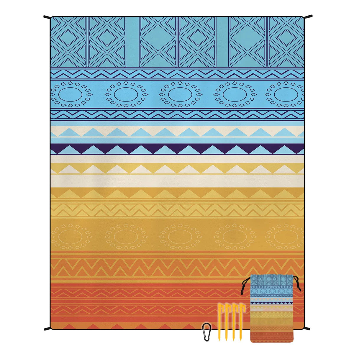 tapis plage imperméable 220x180cm orange bleu noir motifs ethniques piquets sac toile