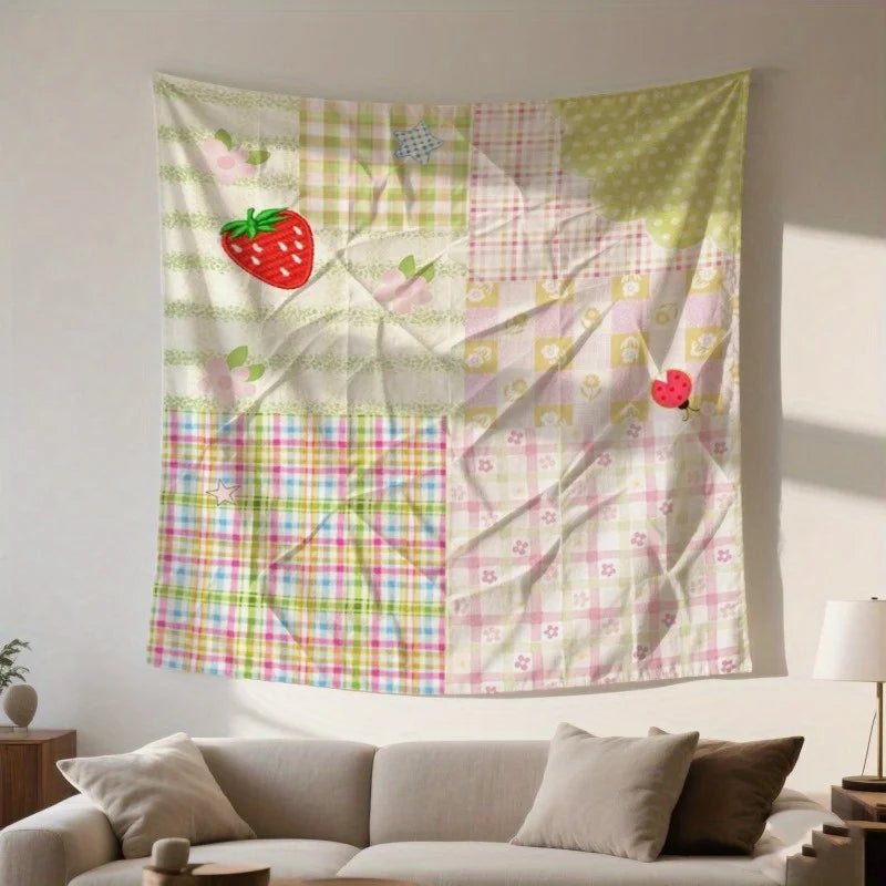 tapisserie vintage patchwork carreaux pois fraises motifs floraux blanc rose chambre salon