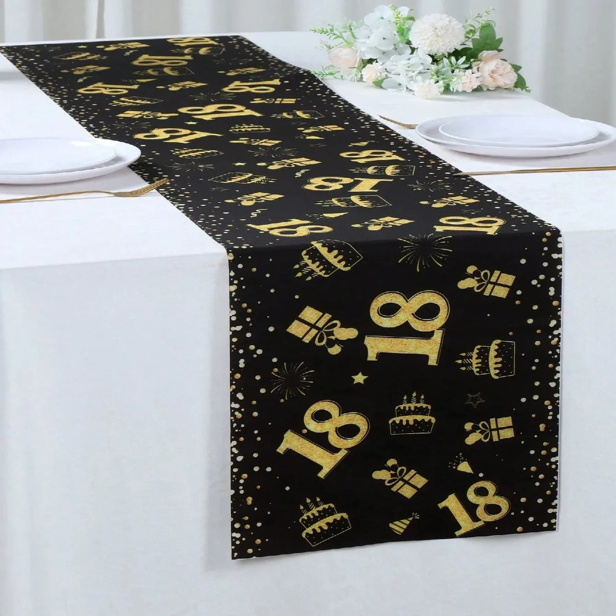 table table anniversaire 18 noir doré gâteaux cadeaux confettis moderne festive polyester