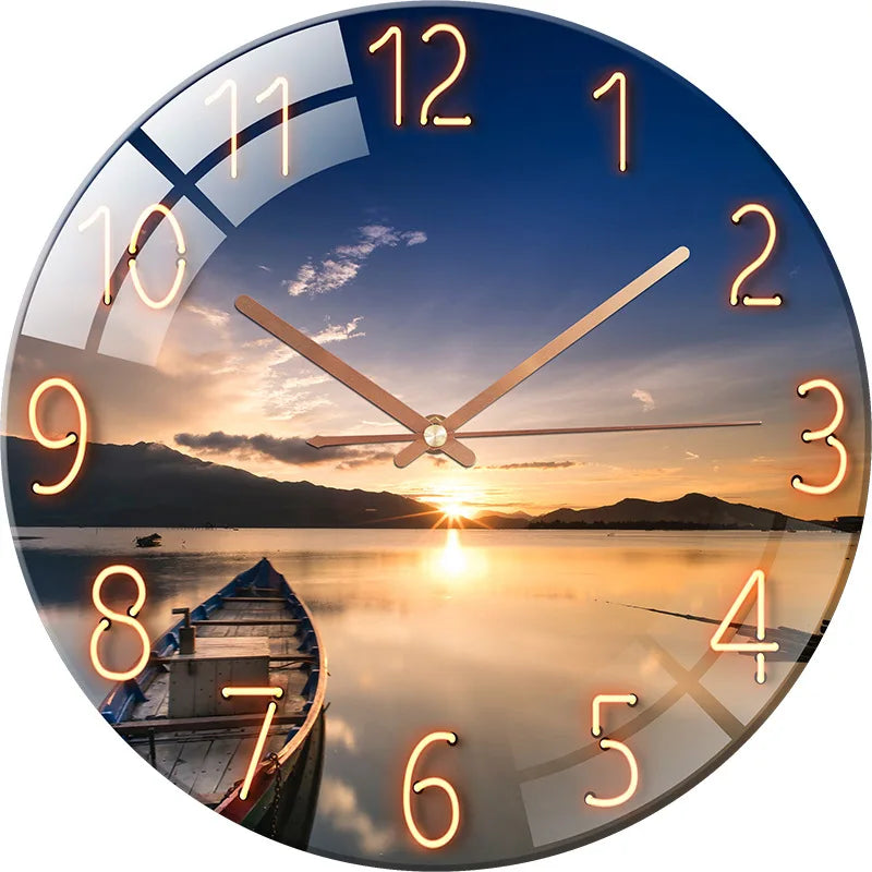 horloge murale moderne coucher soleil bleu doré planète géométrique salon minimaliste