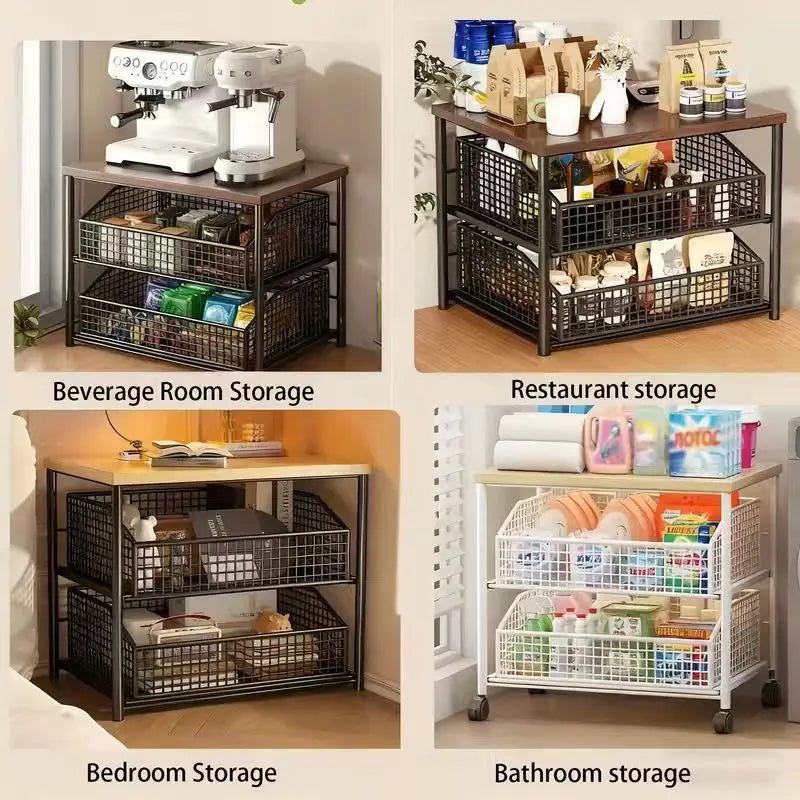 rangement étagère métal tiroirs ajourés industriel moderne plateau bois cuisine stockage multifonctionnel
