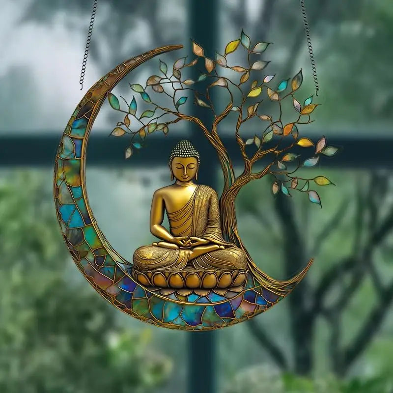 décoration suspendue bouddha or bronze bleu vert zen vitrail feuilles croissant lune chambre