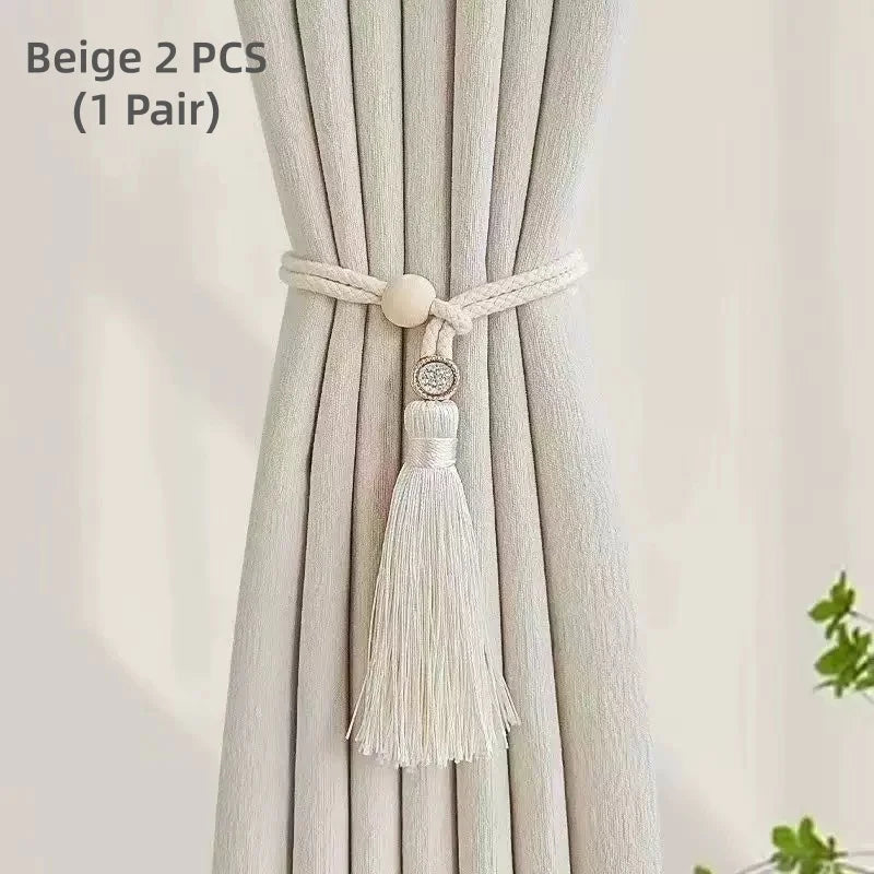 attaches rideau tassel bois moderne élégant franges anneaux chanvre uni beigeclair
