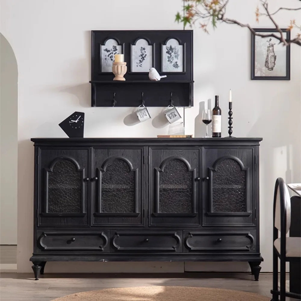 armoire classique noire tiroirs bois motifs géométriques salon storage vintage minimaliste modernisée