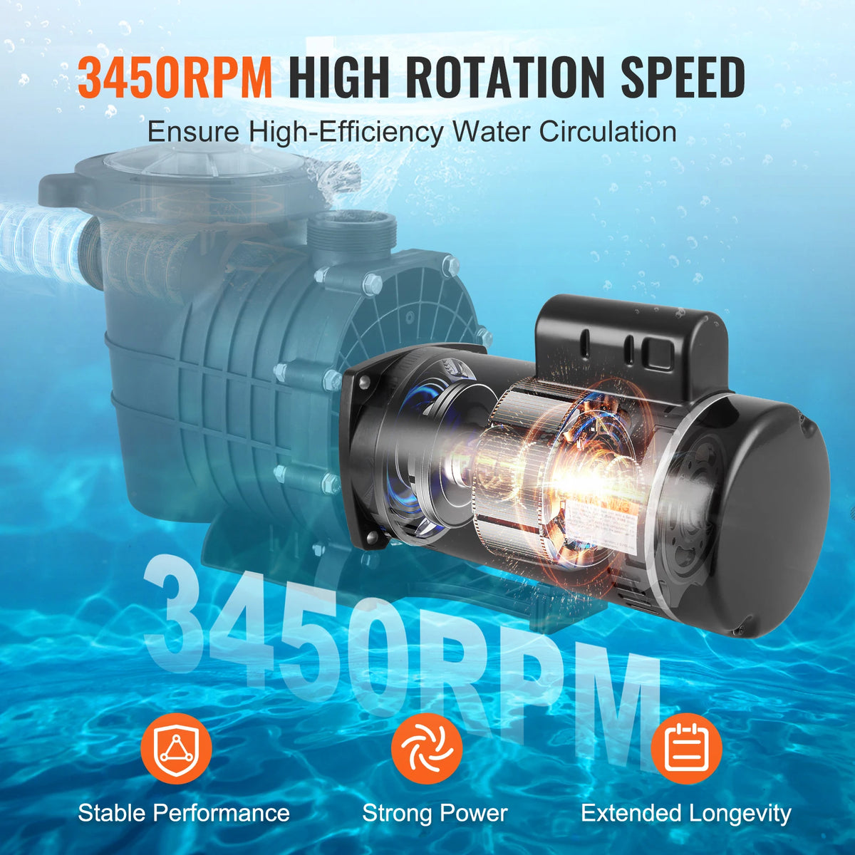 pompe piscine noire industrielle 2hp 230v 60hz 78ampères 3450trmin vis fixation