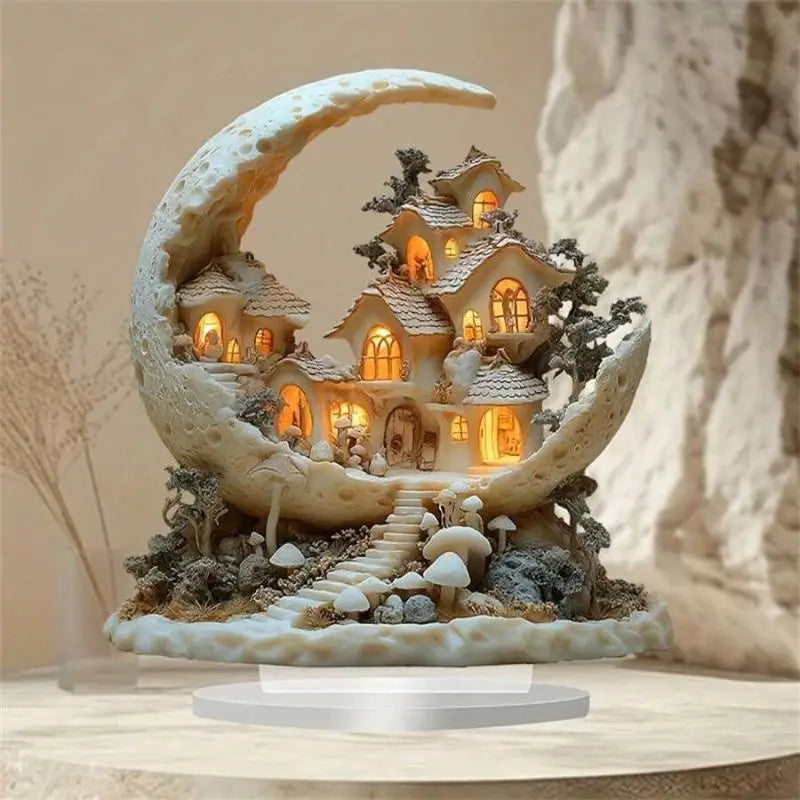 ornement artisanal miniature maison lune couleur beige blanc gris texture granuleuse décoration festival