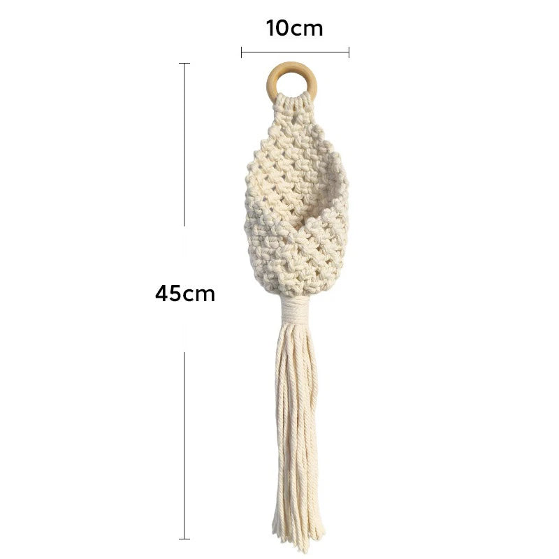 panier suspendu boho motifs géométriques pompon coton anneaux bois