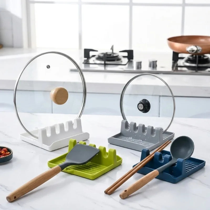 support cuisine multifonctionnel gris vert blanc moderne rainures cuillères fourchettes spatules