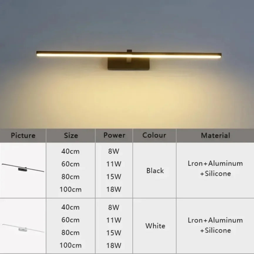 lampe miroir moderne noir blanc led mur 40cm 60cm 80cm 100cm