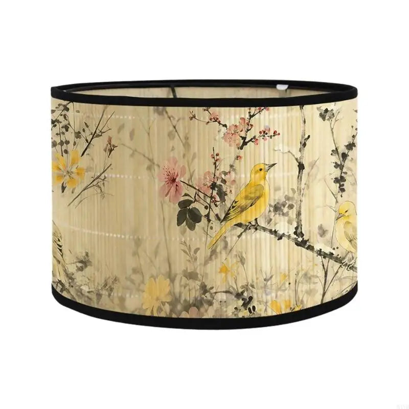 abat jour artisanal oiseaux fleurs branches beige noir jaune rose vert boucle métallique