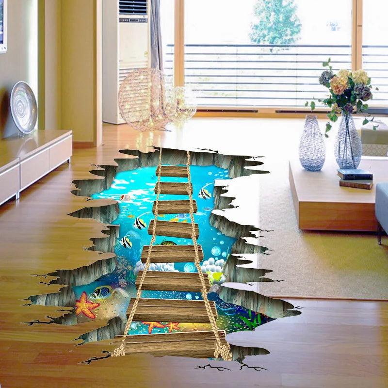 autocollant mural 3D paysage marin étoiles planètes réaliste effet 3D adhésif bleu noir blanc
