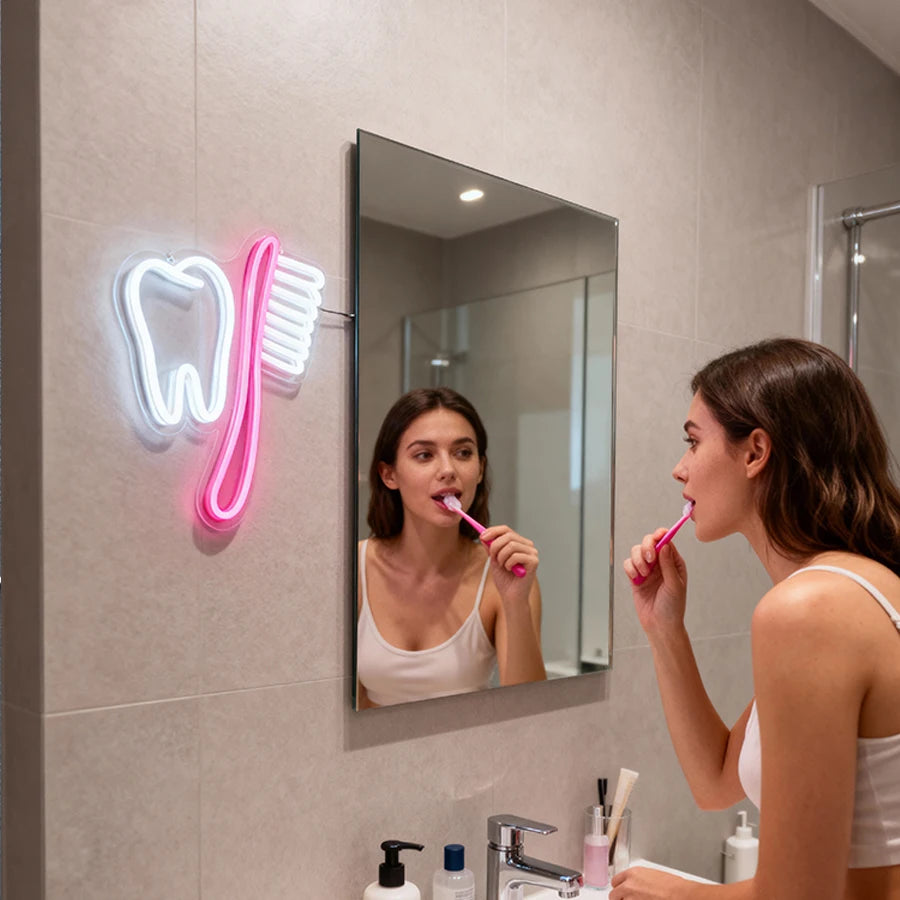 enseigne lumineuse dent blanche verte rose jaune étoile brosse dents néon opaques crochets