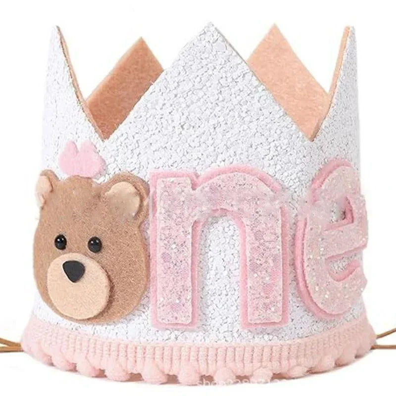 couronne anniversaire enfant ours glitter chiffre pompons arbre rose marron vert festiveDecoration
