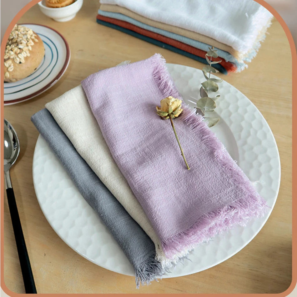 serviettes table réutilisables mélange coton lin violet gris blanc vert modernes élégantes franges adhésif