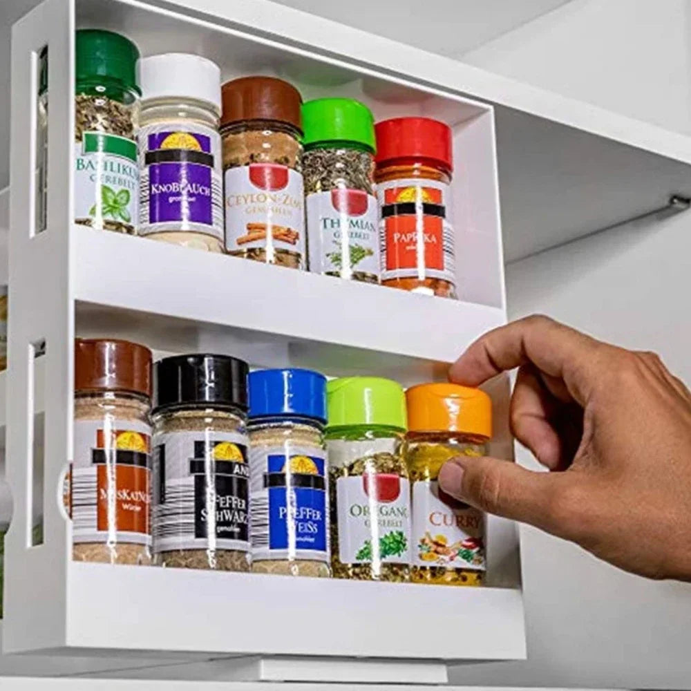étagère épices blanc moderne minimaliste adhésive rangement cuisine niveaux rotatif bouteilles d'épices plastique