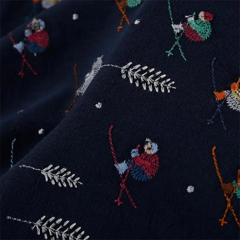 tissu brodé bleu marine personnages animés oiseaux animaux motifs floraux coton résistant bricolage nappe