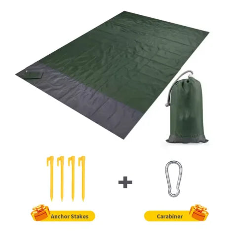 tapis plage camping bleu gris imperméable sac rangement piquets carabiniers portable léger