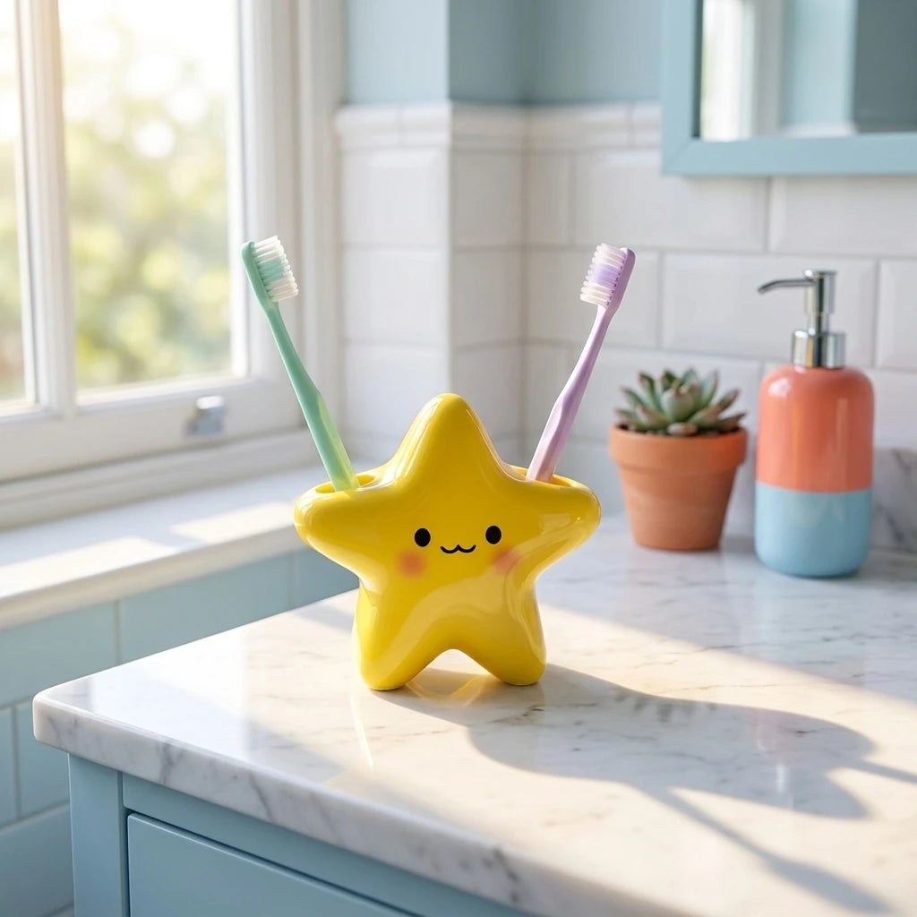 support mural kawaii étoile jaune souriant rangement brosses dents stylos accessoires décoration chambre enfants