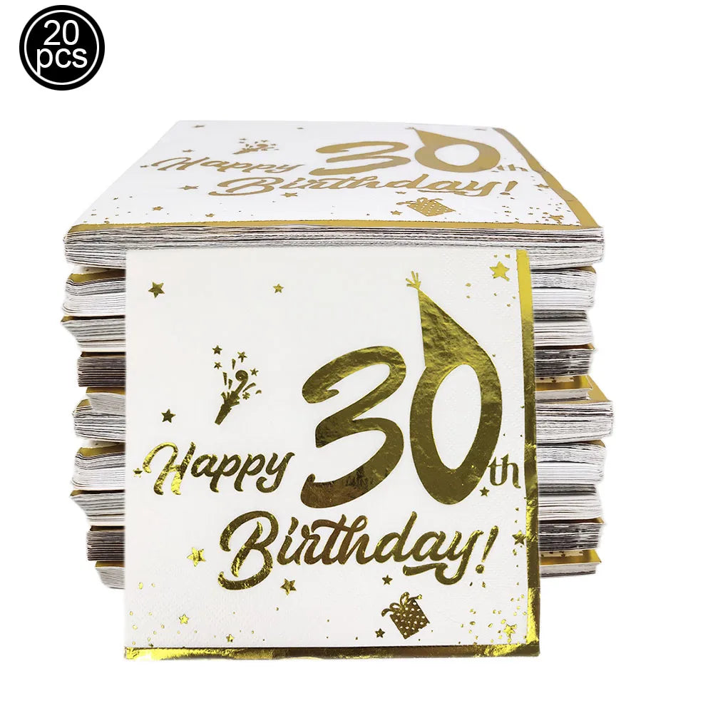 serviettes papier blanc doré anniversaire chiffres étoiles ballons textes festives 18 20 30 40
