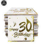 serviettes papier blanc doré anniversaire chiffres étoiles ballons textes festives 18 20 30 40