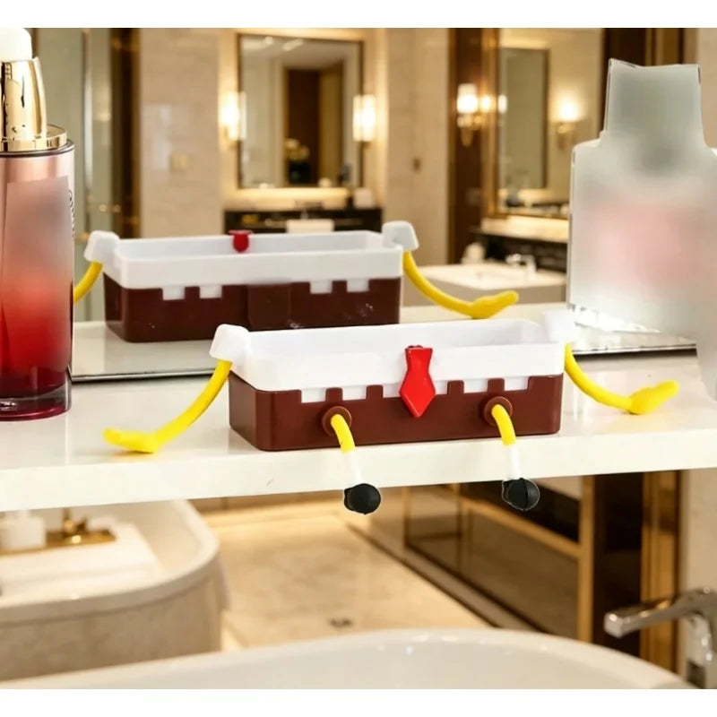 rangement spongebob blanc marron foncé jaune rouge alvéolé transparent enfantin évier brosse vaisselle