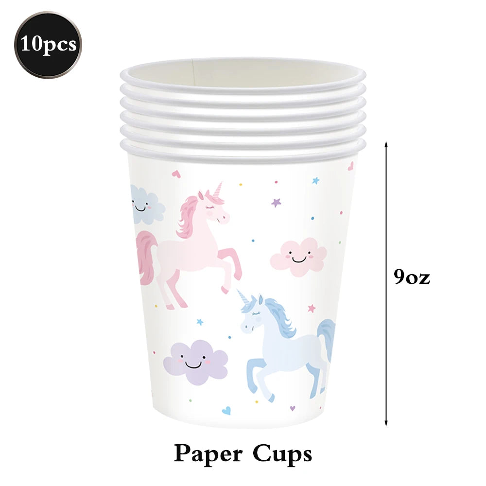 assiettes gobelets serviettes licorne arc ciel anniversaire enfant festif multicolore papier blanc rose bleu