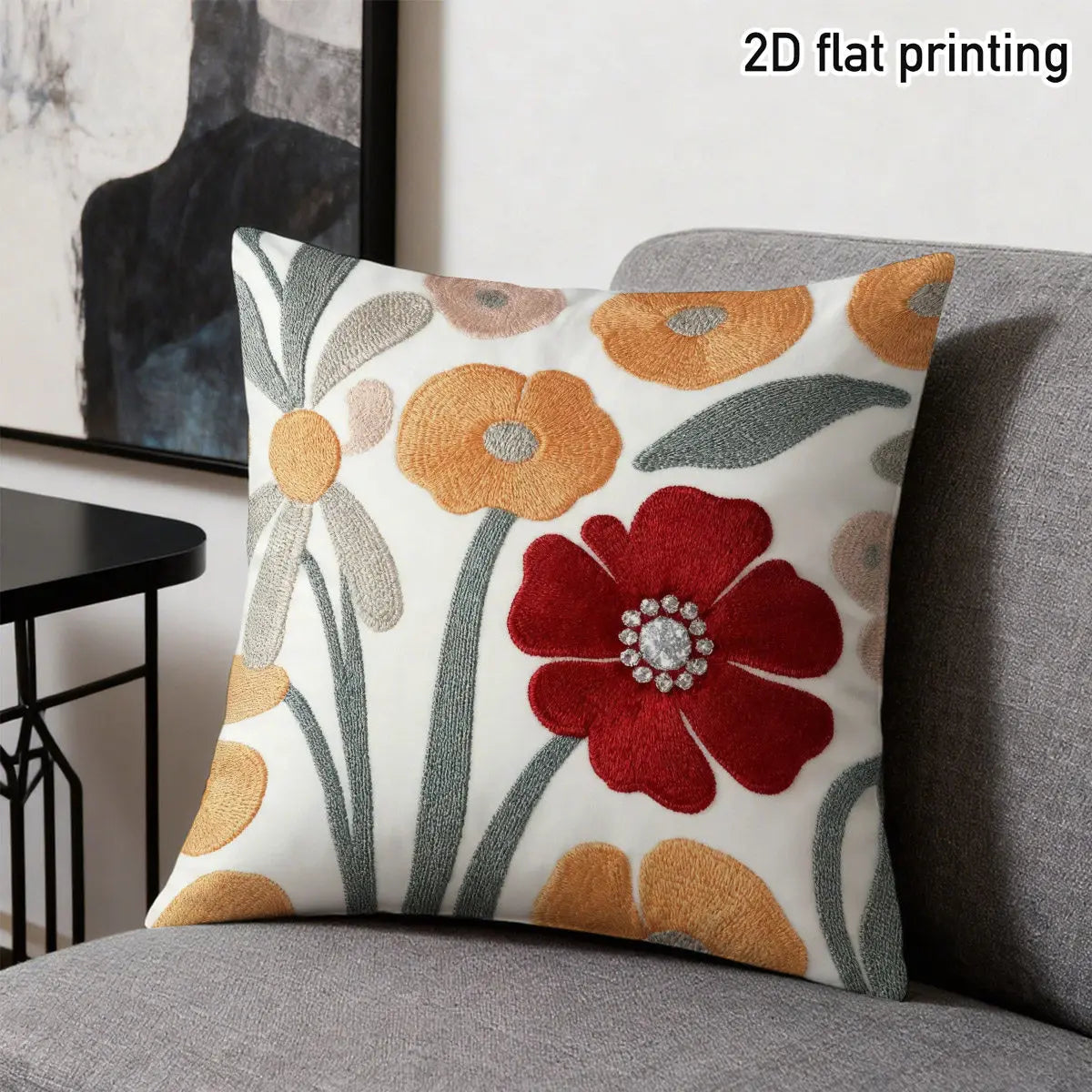 housse coussin décoratif motif floral brodée blanc rouge orange gris bohème rustiqueintérieur salon canapé