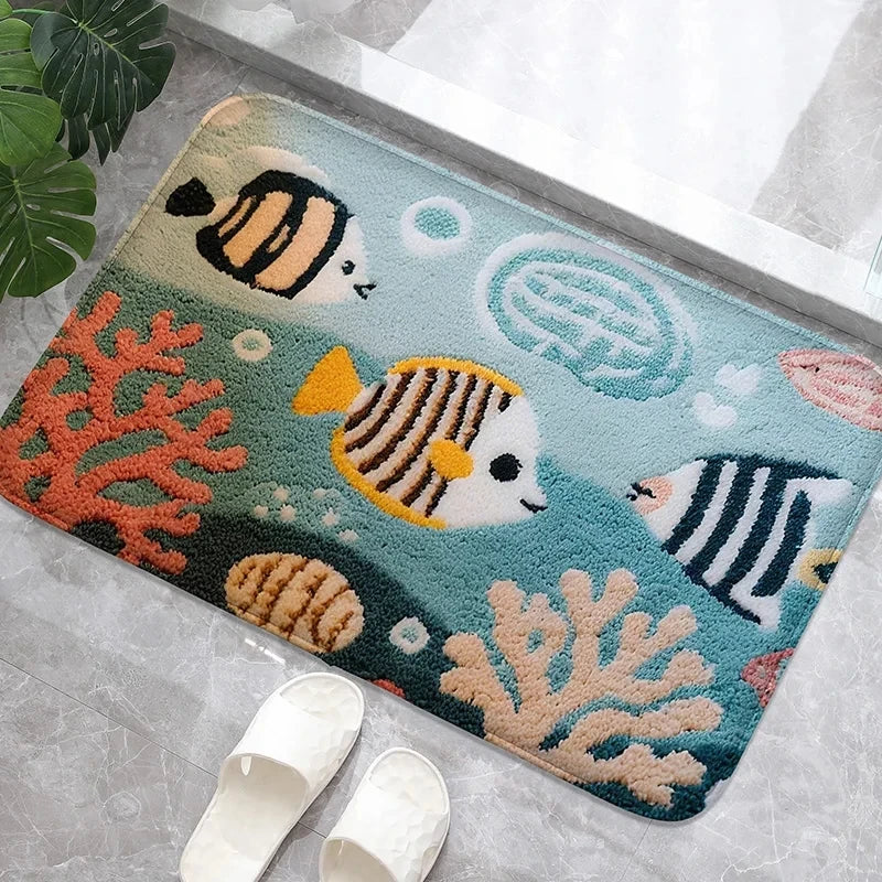tapis sol bain océan coraux poissons vagues antidérapant moderne bleu orange blanc