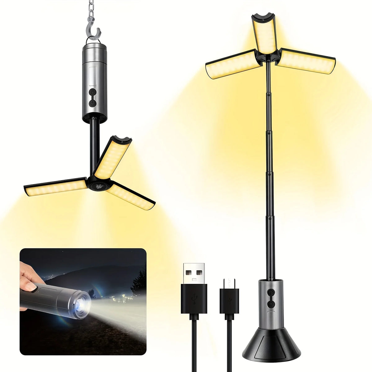 lampe camping rechargeable usb portable 8000mAh éclairage extérieur pliable trépied multifonctionnelle