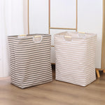 panier linge pliable rayures horizontales gris clair beige moderne réutilisable fibre végétale poignées bois