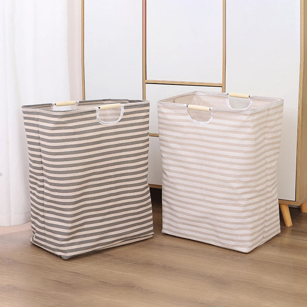 panier linge pliable rayures horizontales gris clair beige moderne réutilisable fibre végétale poignées bois