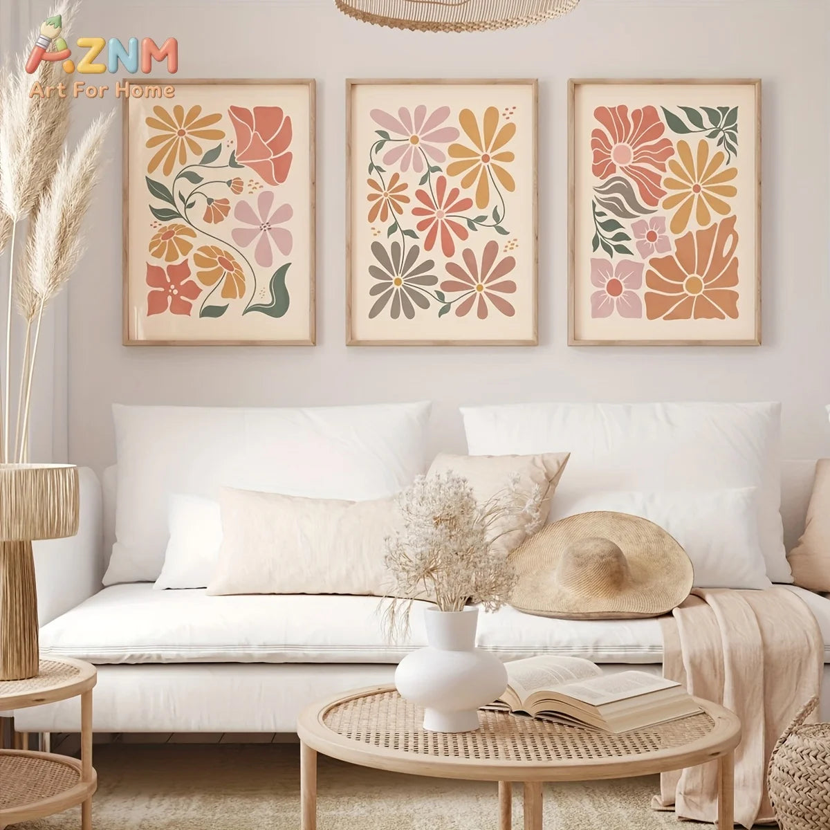 affiche murale fleurs stylisées cadre bois moderne décoration intérieure minimaliste beige rose vert jaune