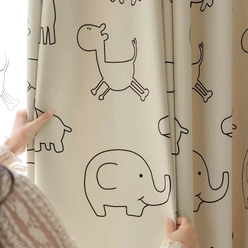 rideau tulle motif animaux moderne éléphant girafe beige clair enfant