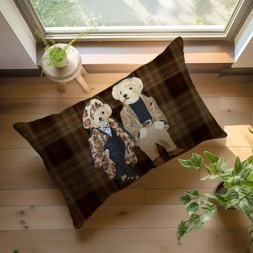 housse coussin ours peluche rouge noir polyester imprimé vintage élégant 30x50cm 40x60cm 50x70cm 48x74cm