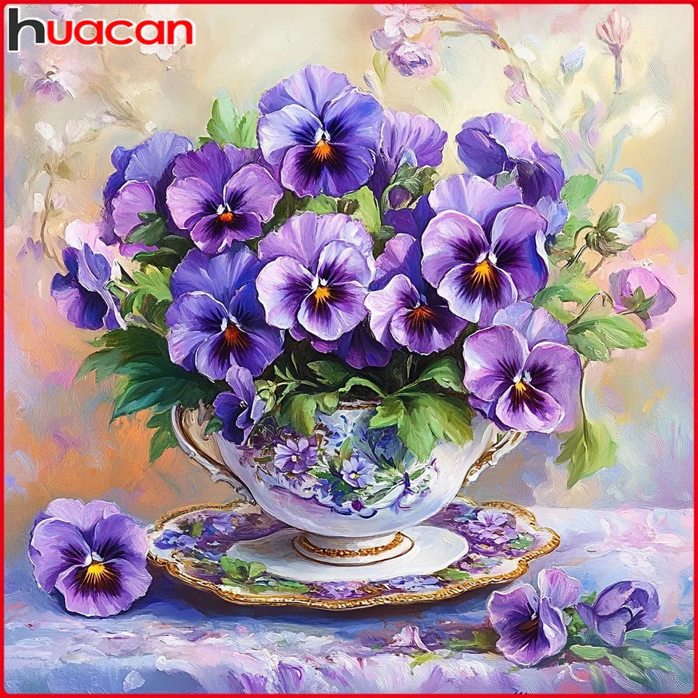 tableau diamant fleurs violettes feuilles vertes fond pastel 30 couleurs adhésif pinceau diamants diy