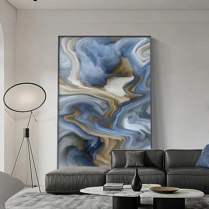 tableau abstrait moderne bleu blanc toile marbré impression toile doré