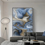 tableau abstrait moderne bleu blanc toile marbré impression toile doré