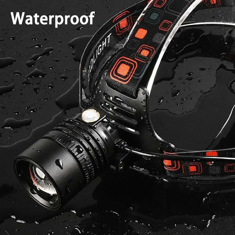 lampe frontale led rechargeable camping chasse pêche ceinture ajustable mode zoom réglage luminosité moderne