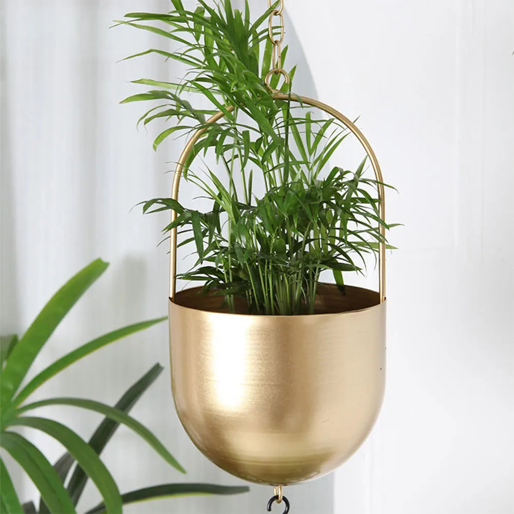 Cache pot suspendu moderne or noir plante verte chaîne métallique intérieur extérieur jardin balcon