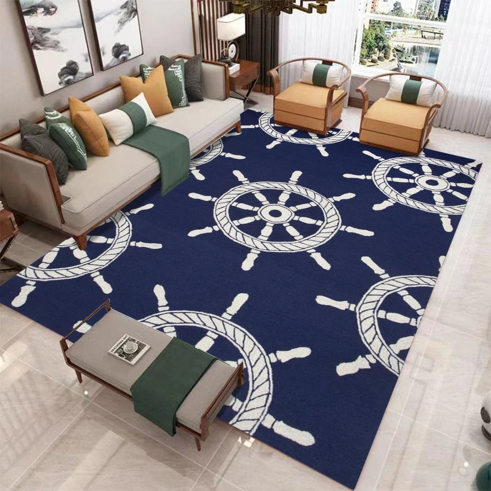 tapis moderne bleu marine fleur volant bateau salon chambre 160cm 120cm polypropylène polyesterextérieur